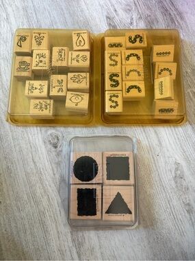 Stampin' Up! 3 Wooden Stamp Sets small shapes, alphabuilders accessories etc